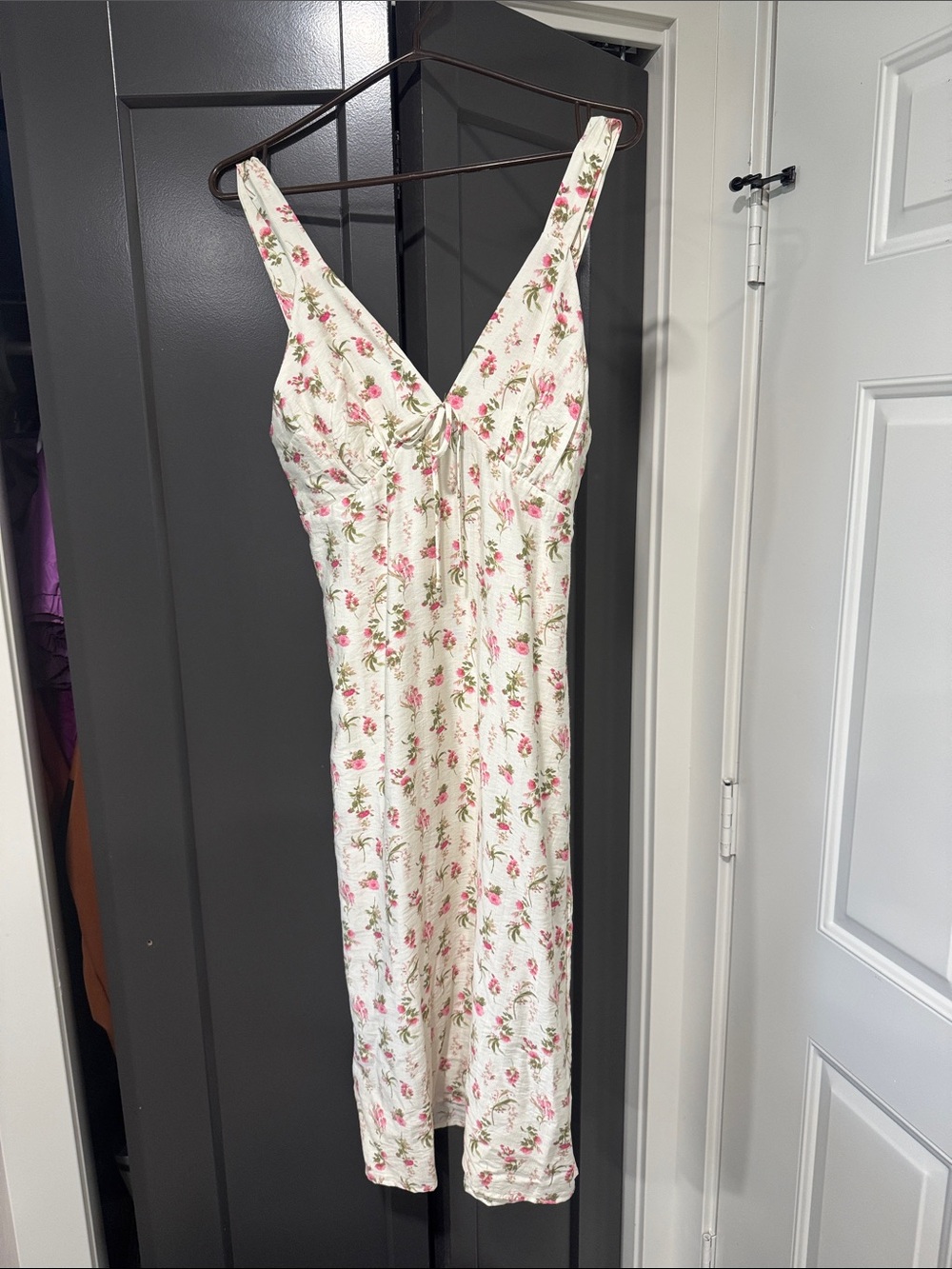 White Floral Midi Dress with Pink Rose Print